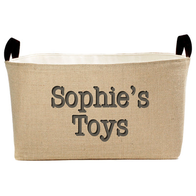 Personalized Burlap Toy Basket, Hand Printed in Charcoal Gray and Black - A Southern Bucket