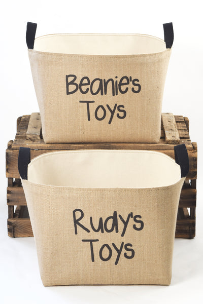 Personalized Burlap Toy Basket Hand Printed in Black - A Southern Bucket