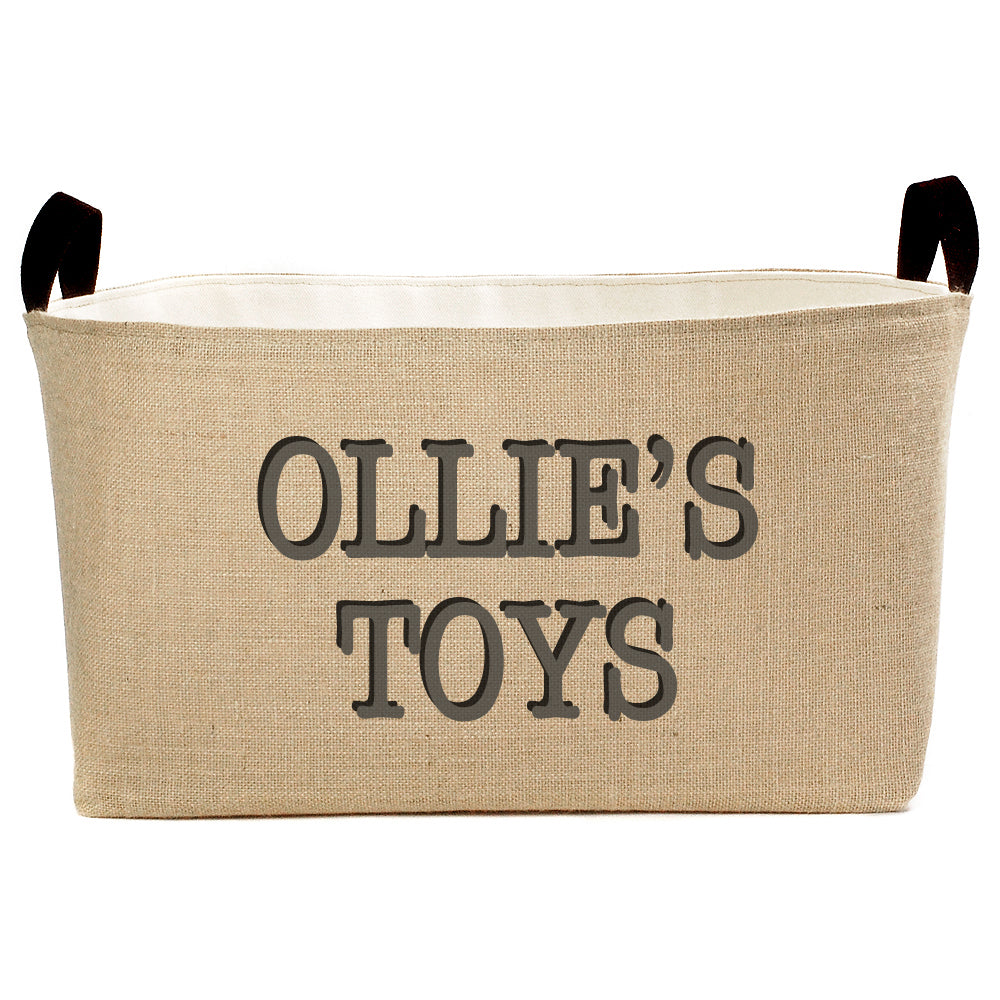 Personalized Burlap Toy Basket, Hand Printed in Charcoal Gray and Black - A Southern Bucket
