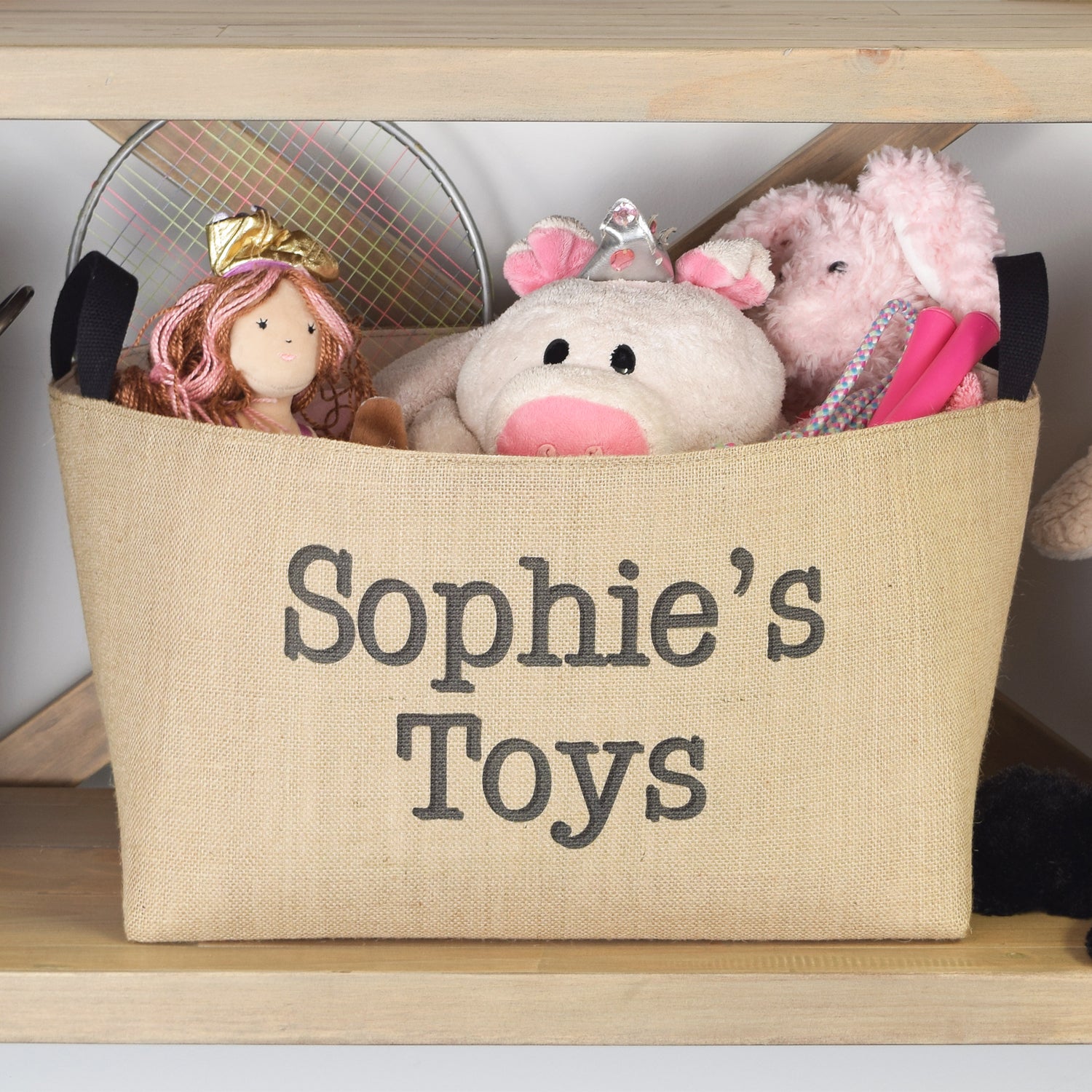 Personalized Burlap Toy Basket, Hand Printed in Charcoal Gray and Black - A Southern Bucket