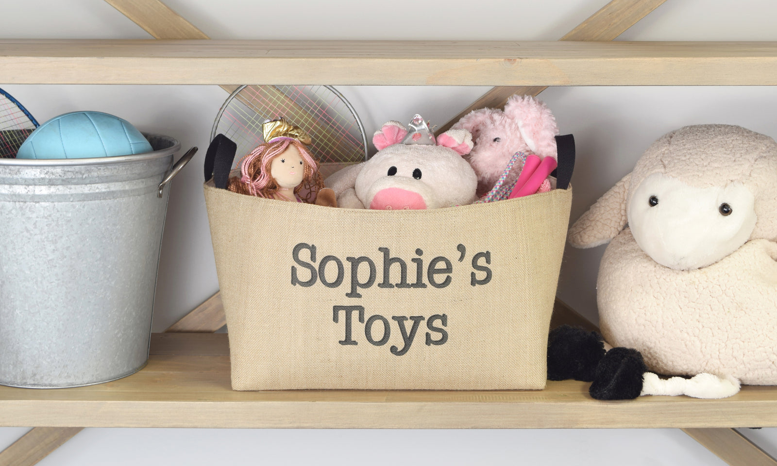 Personalized Burlap Toy Basket, Hand Printed in Charcoal Gray and Black - A Southern Bucket