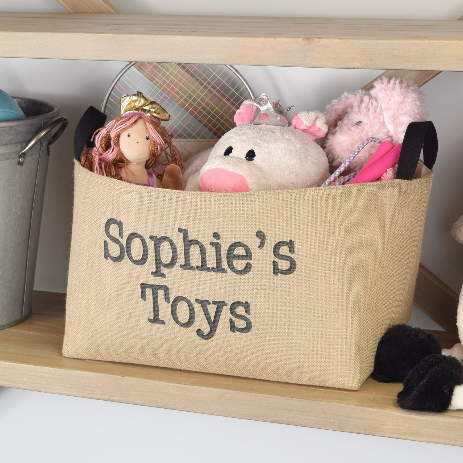 Personalized Burlap Toy Basket, Hand Printed in Charcoal Gray and Black - A Southern Bucket