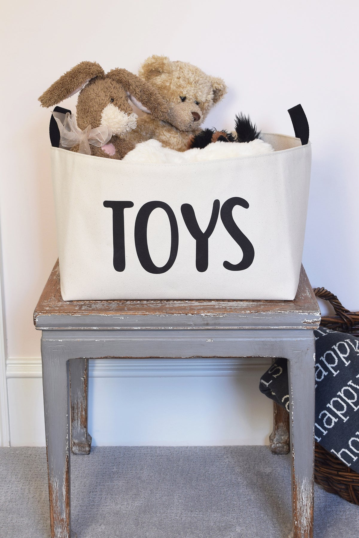 Natural Canvas Toy Basket with Hand Printed Design - A Southern Bucket
