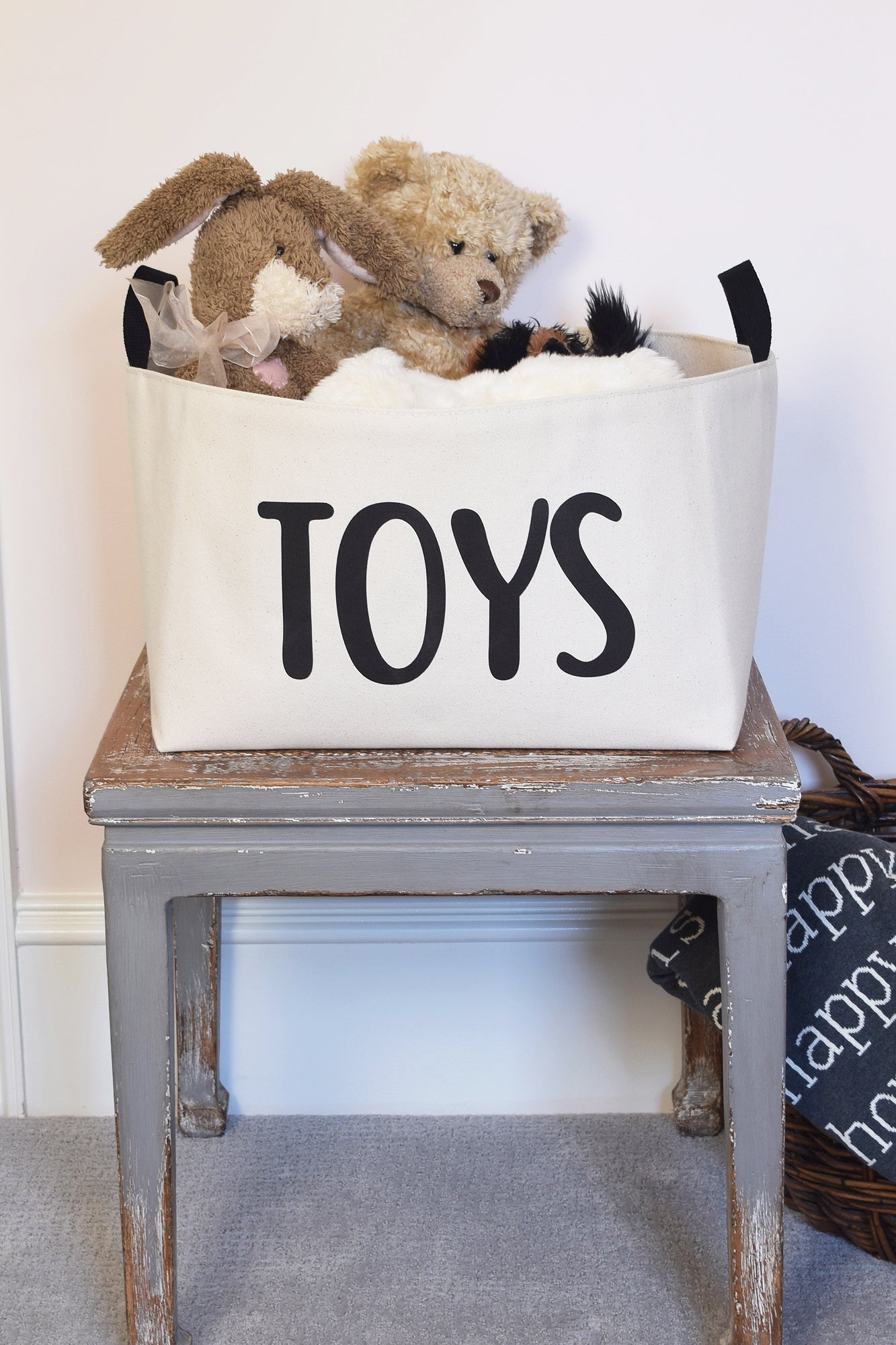 Natural Canvas Toy Basket with Hand Printed Design - A Southern Bucket