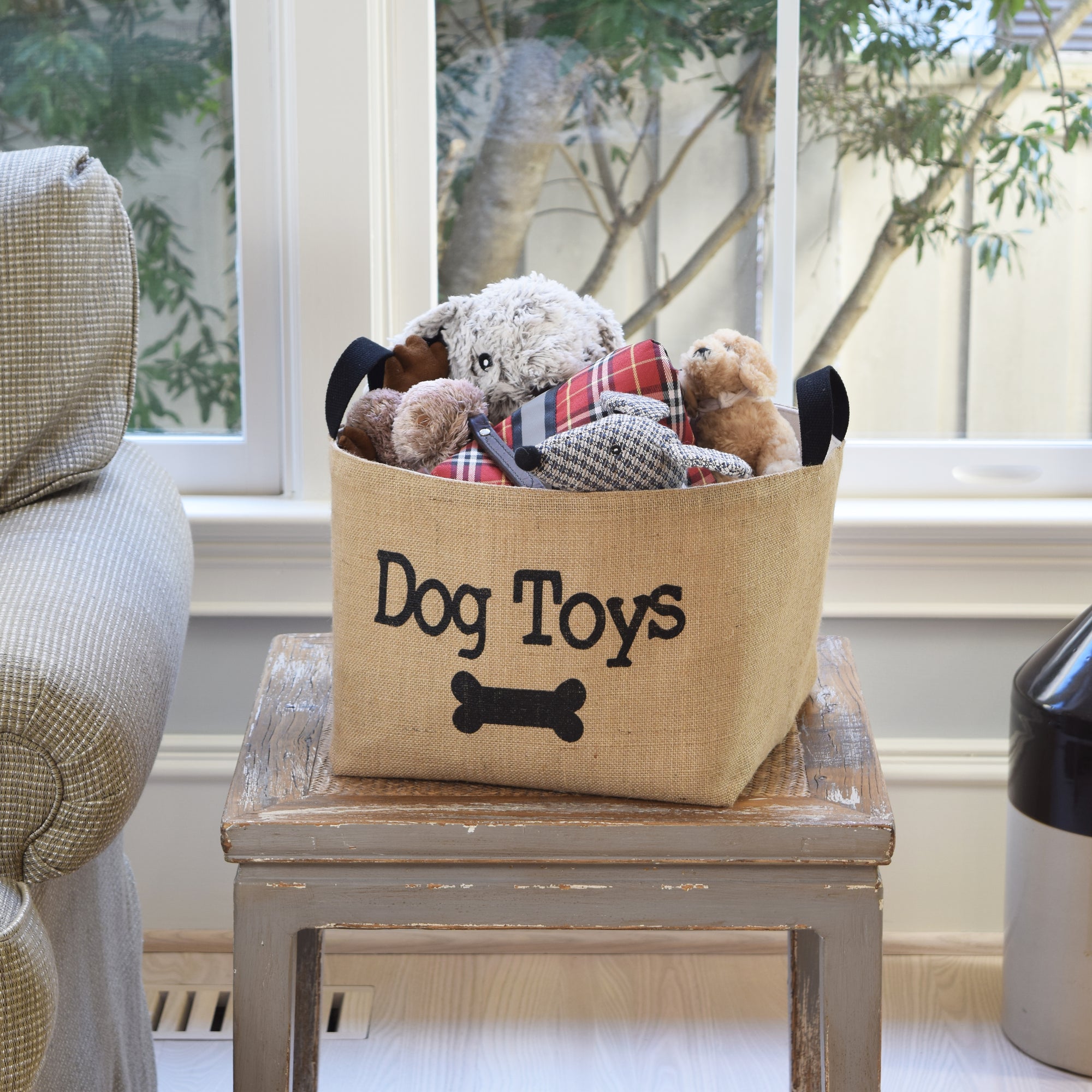 A Southern Bucket Dog Toys Storage Bin Jute Burlap Basket Black