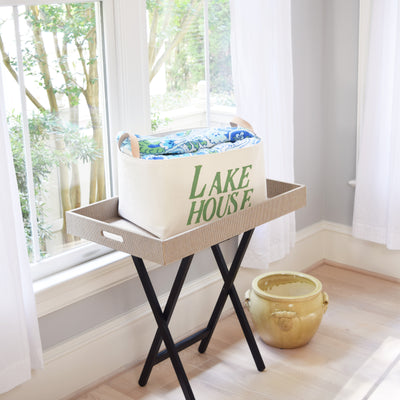 Lake House Canvas Storage Bin with Veg Leather Handles - A Southern Bucket